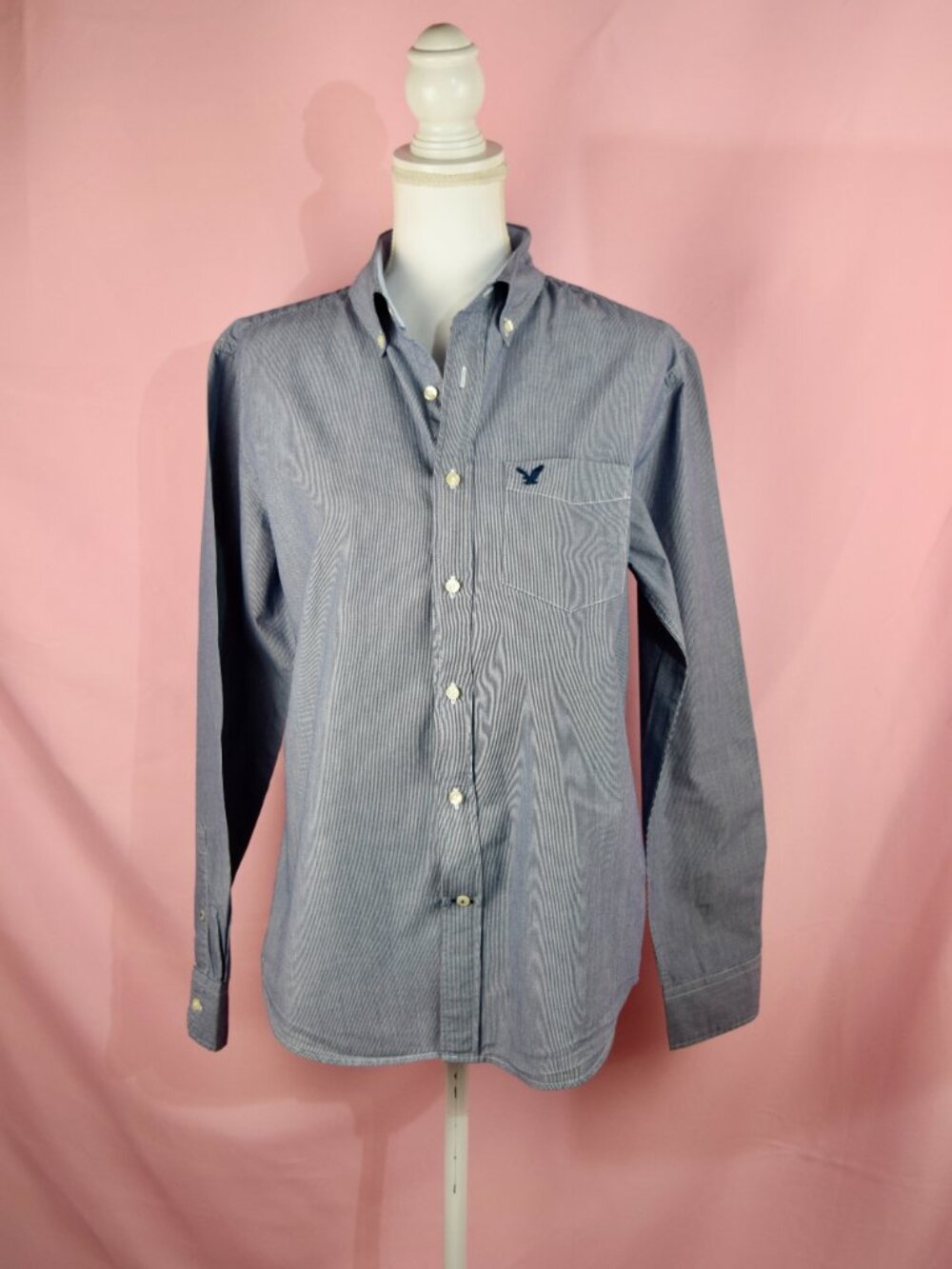 American Eagle Blue Chambray Button-Front Long-Sleeve Blouse | Size M